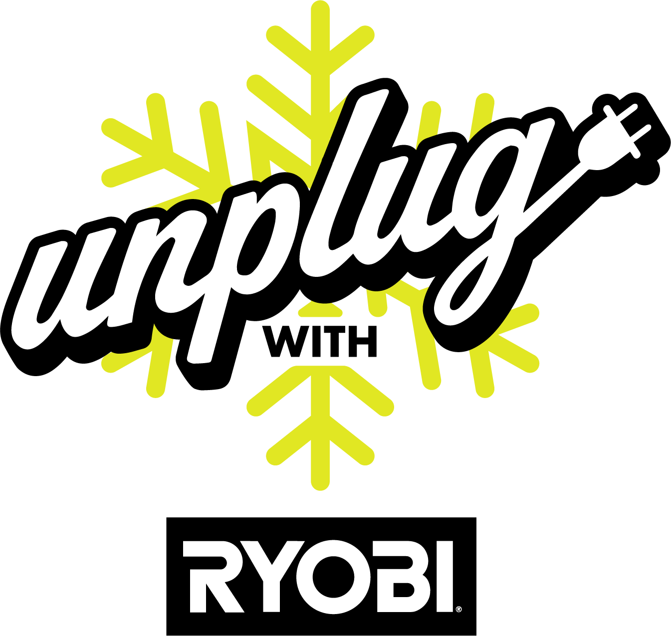 Green logo: "unplug WITH RYOBI" in white with black outline, featuring a yellow snowflake and an electrical plug.