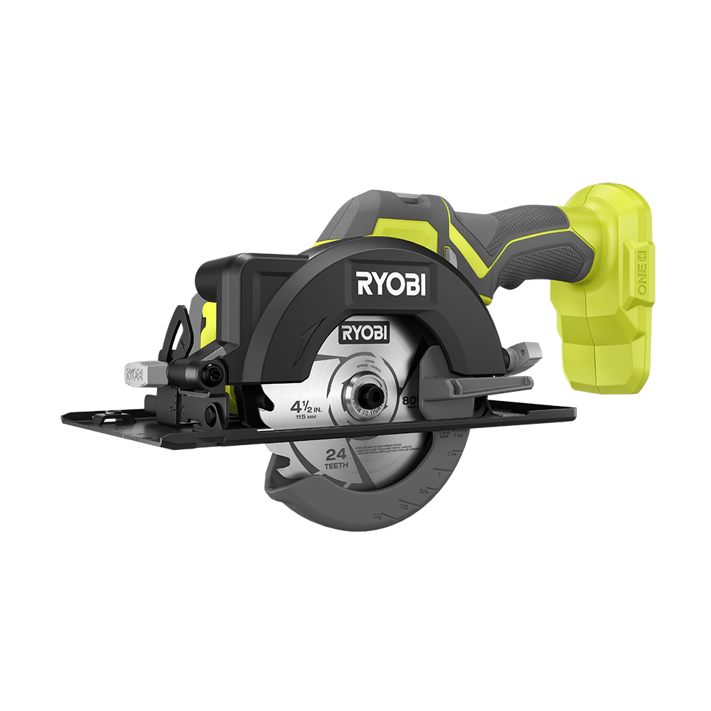 A green, black, and gray Ryobi 4 1/2 inch cordless circular saw with 24 teeth blade.