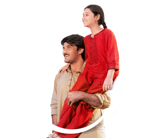 A happy man carrying a young girl on his shoulders, both smiling and looking to the side.