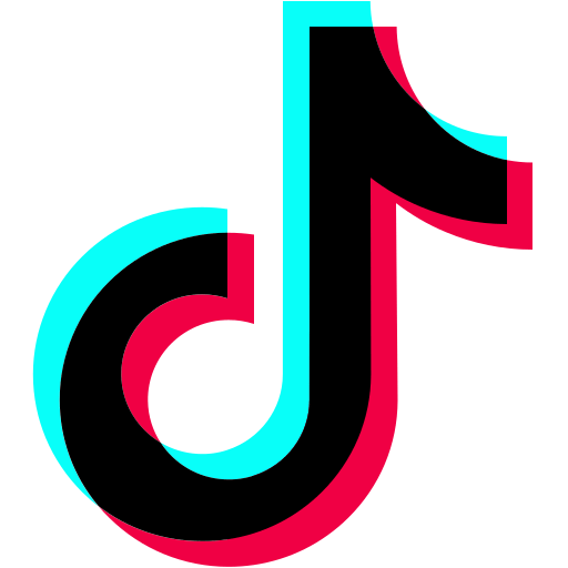 TikTok logo: a stylized musical note in black with cyan and pink glitched-like shadows.