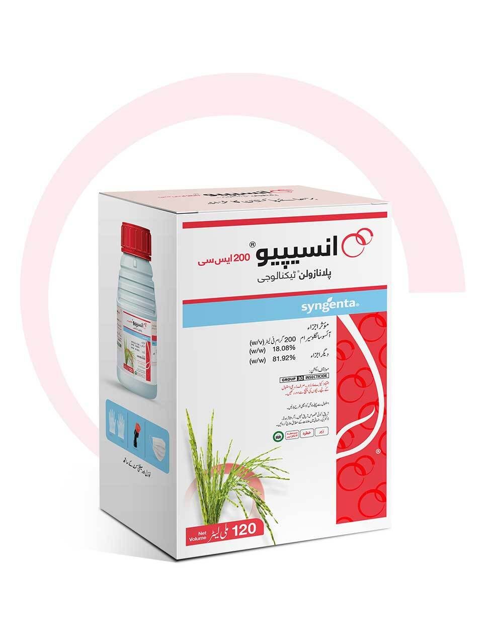 White cardboard box of Syngenta INSEPIO 200 SC insecticide with Urdu text, rice plants, and a bottle.