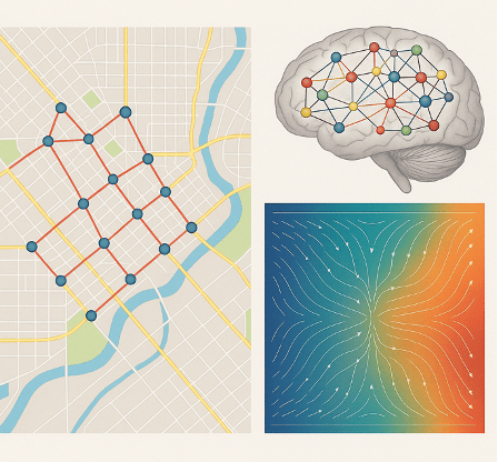 Three diagrams: city network on a map, neural network on a brain, and a colorful flow field.
