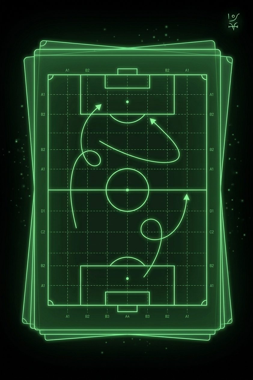 Green neon wireframe soccer field with tactical arrows and grid lines on a dark background.