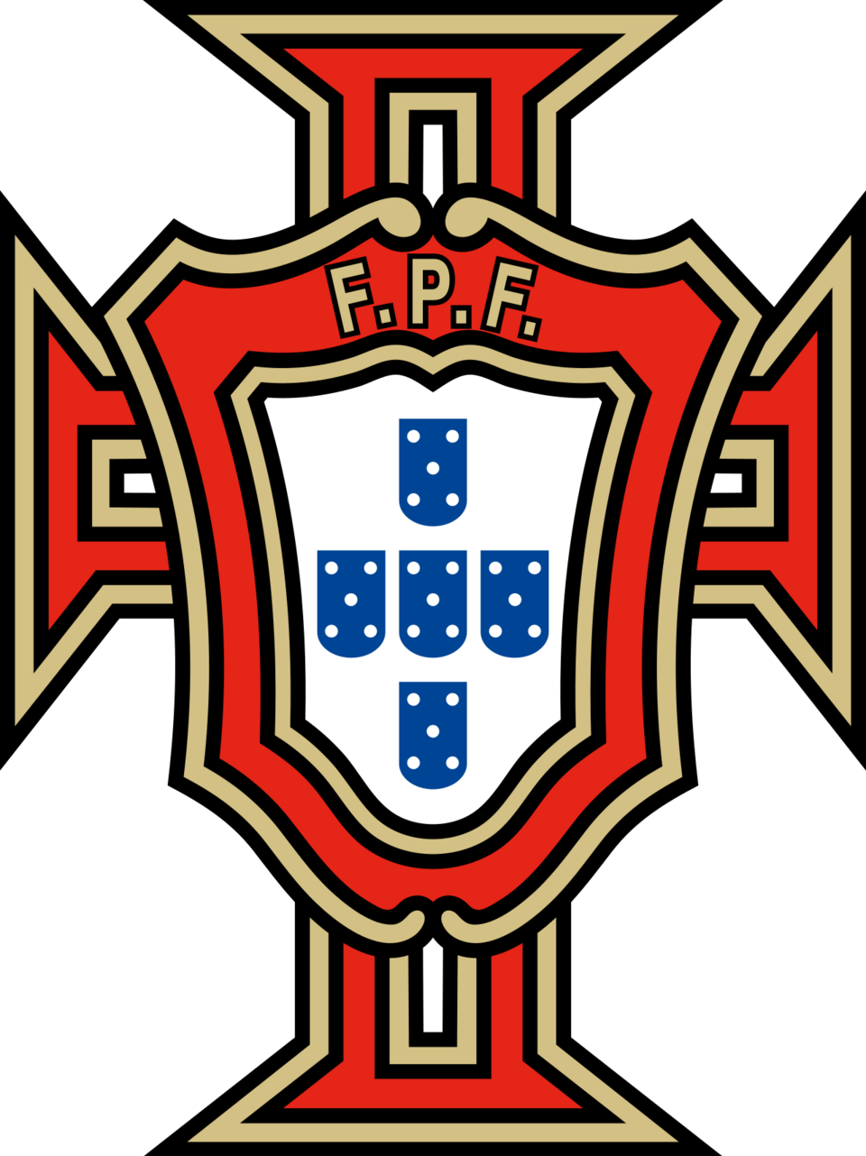FPF crest: red shield with "F.P.F.", white shield of blue escutcheons, over a red Cross of Christ.