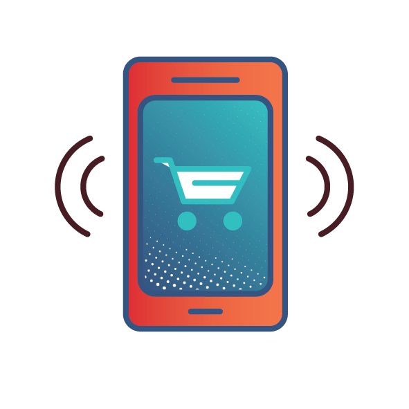 Mobile phone with a shopping cart icon on screen and wireless signals, symbolizing online shopping.