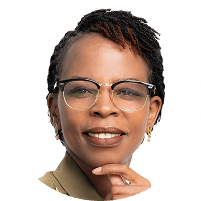 Headshot of a smiling Black woman with short hair and glasses, wearing a uniform.