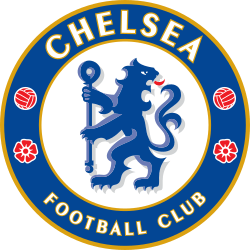 Chelsea Football Club logo: Blue circle with a lion, 'Chelsea' text, red roses, and footballs.