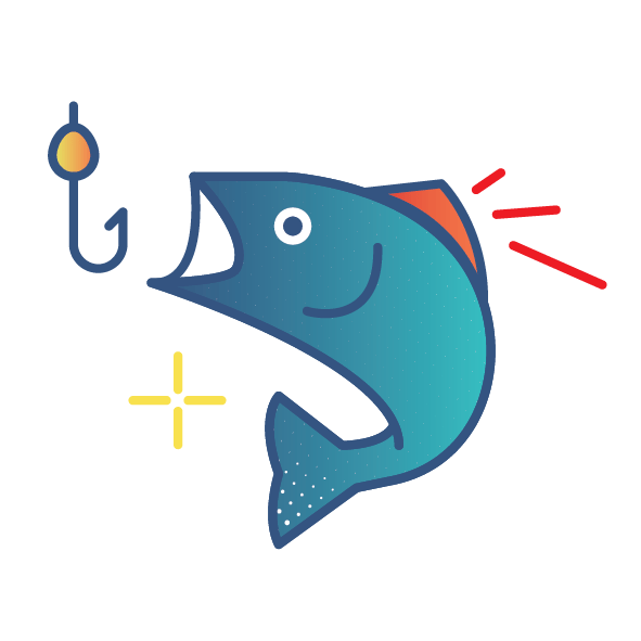 An illustration of a blue fish with an open mouth, reacting to a fishing hook with an orange lure.