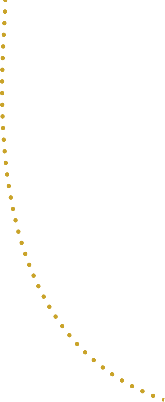 A series of golden yellow dots forming a downward curving line against a dark green background.