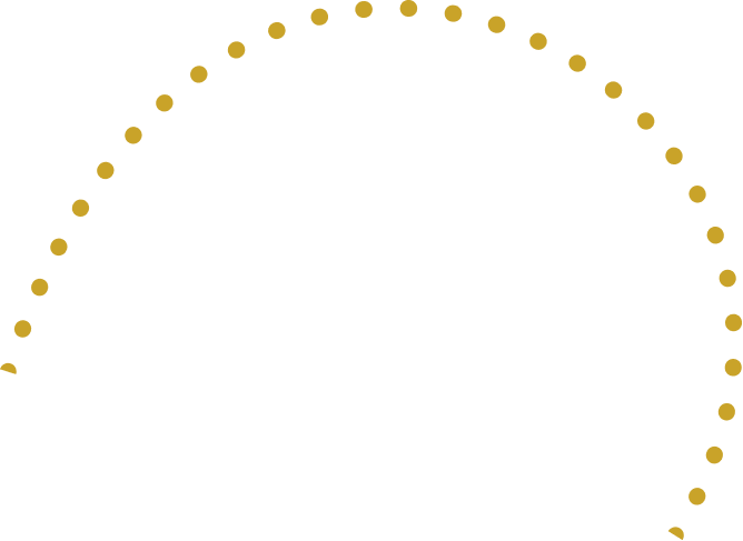 A golden dotted arc on a black background, forming a semi-circular shape composed of numerous small circles.
