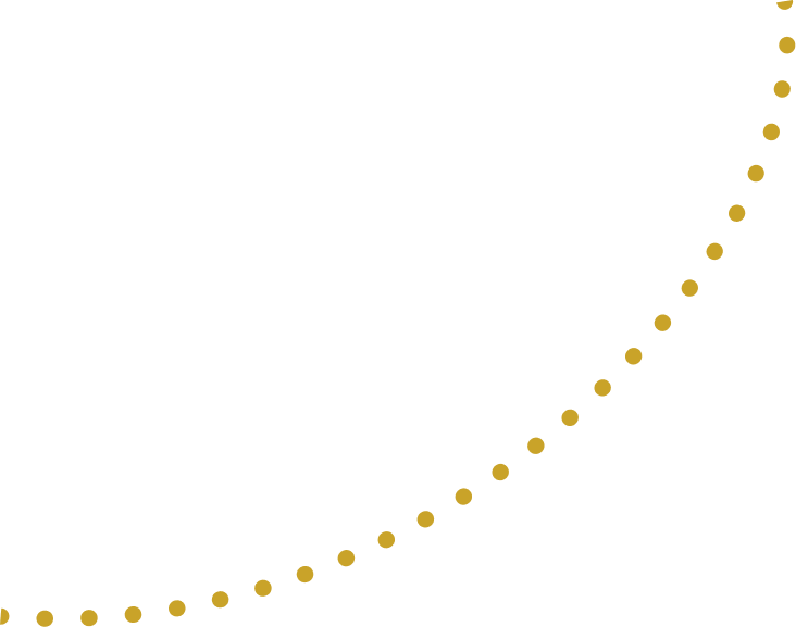 A series of golden dots forming an upward-curving line, resembling exponential growth, on a black background.
