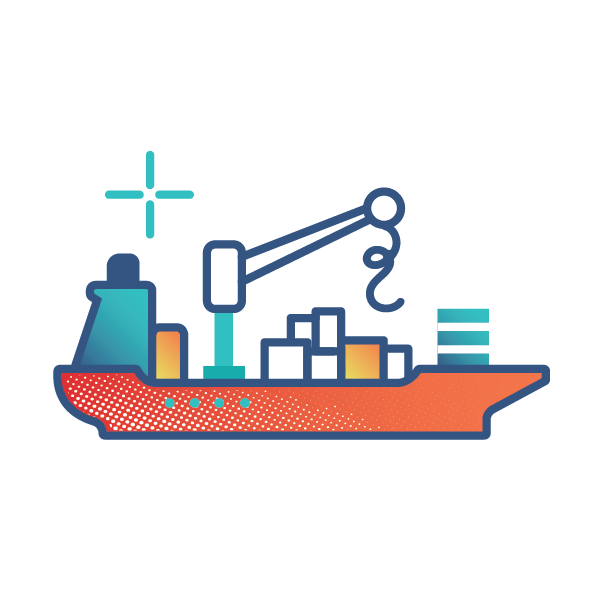 Illustrated cargo ship with containers and crane, symbolizing shipping logistics.