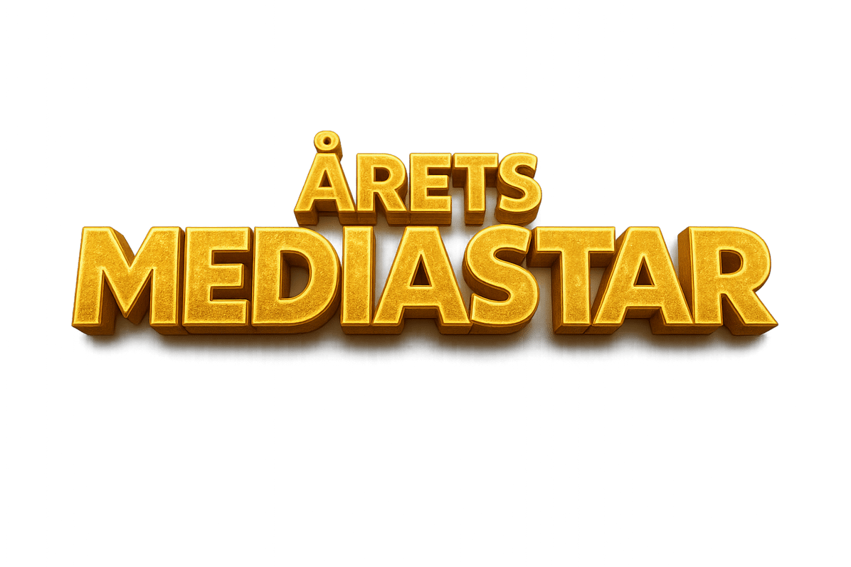 Golden 3D text spelling out "ÅRETS MEDIASTAR" on a dark green background.
