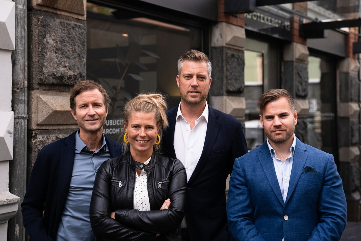 Four professionals (3 men, 1 woman) posing outdoors in front of a building.