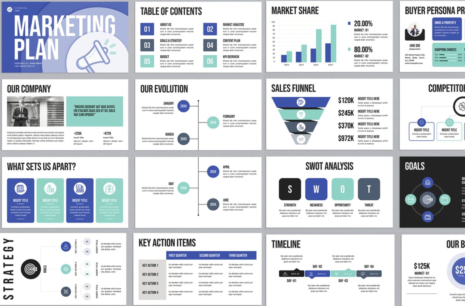 A grid of marketing plan presentation slides with sections on market share, sales funnel, SWOT, and goals.