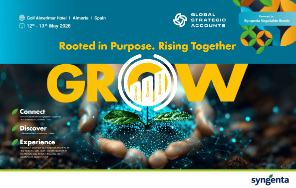 Syngenta event poster: 'Rooted in Purpose. Rising Together' with GROW text, hands, and a sprout. May 2026.