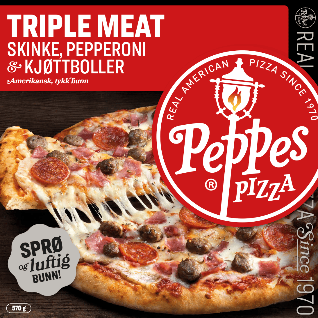 Peppes Triple Meat pizza (ham, pepperoni, meatballs) with thick crust and stretching cheese.