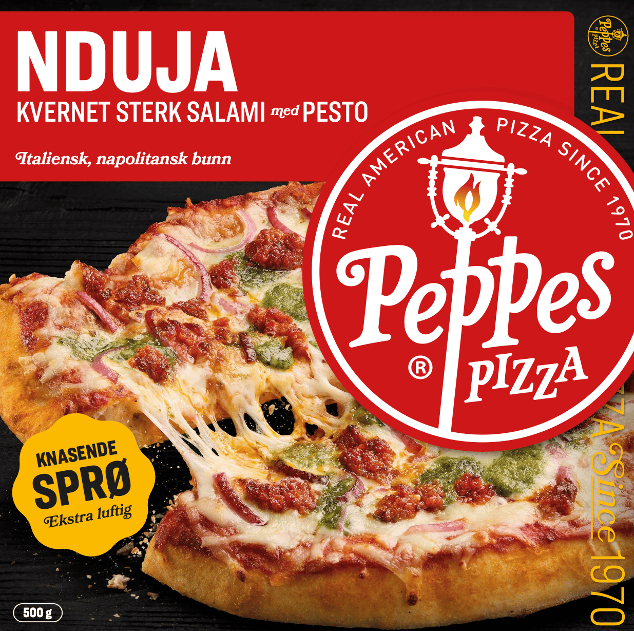 Peppes Pizza Nduja strong salami & pesto pizza, with melted cheese and crispy crust.