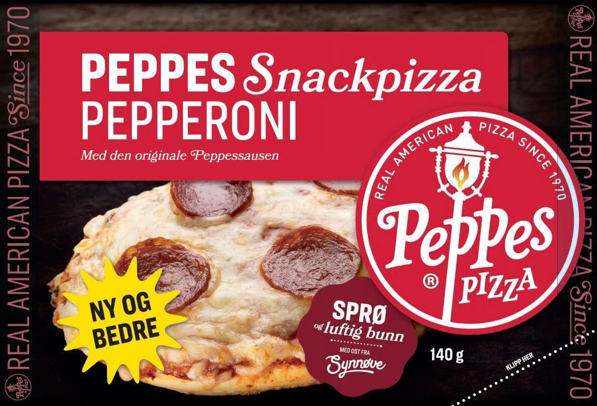 Peppes Snackpizza Pepperoni packaging featuring pizza, "New and Better" callout, and logo.