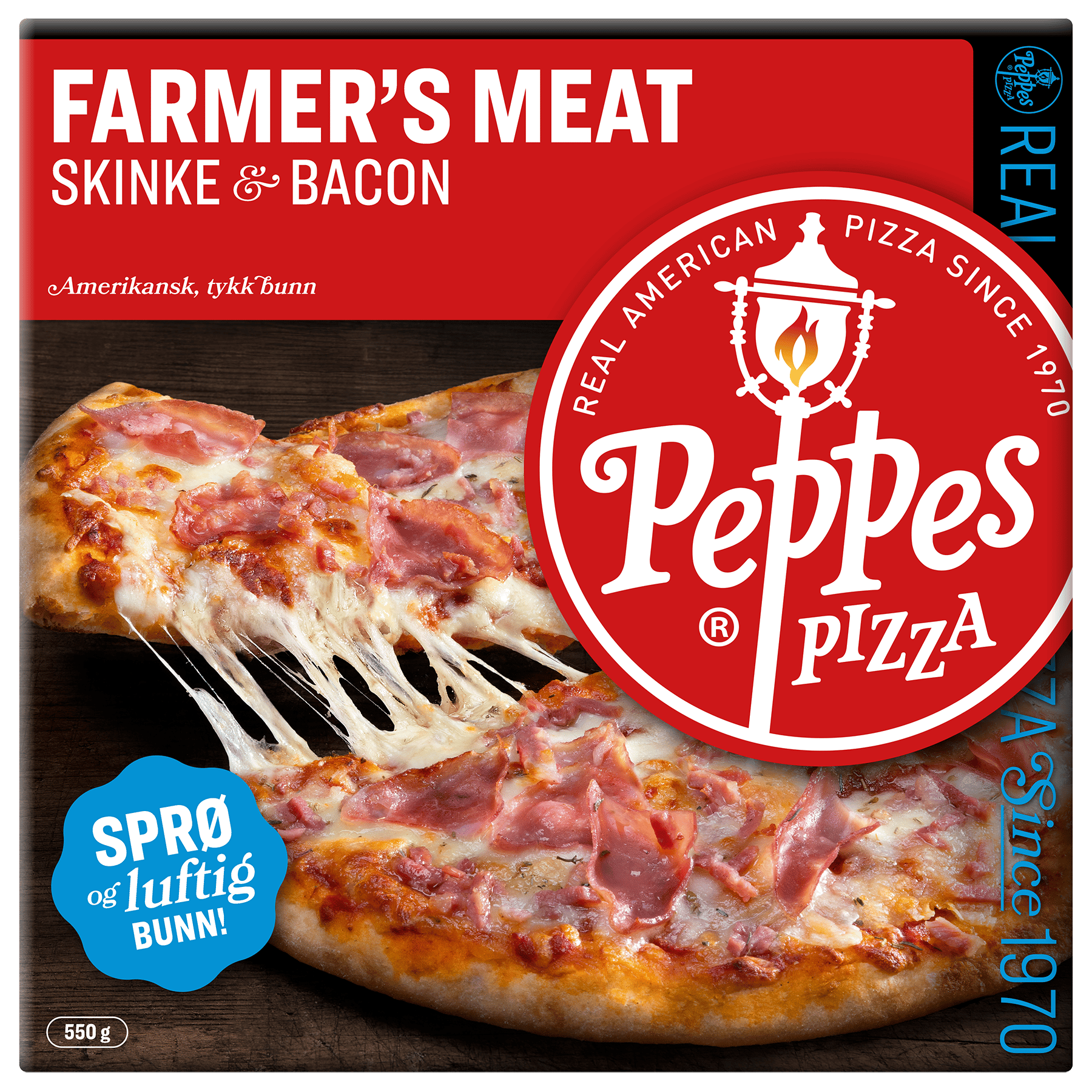 A frozen Peppes Pizza box featuring a Farmer's Meat Skinke & Bacon pizza with visible cheese pull.
