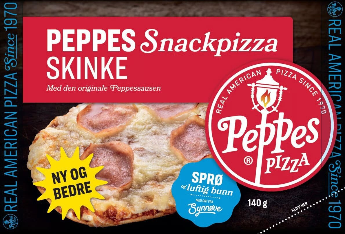 Peppes Snackpizza Skinke package with a small ham & cheese pizza, 'New & Better' star, and 'Crispy base' label.