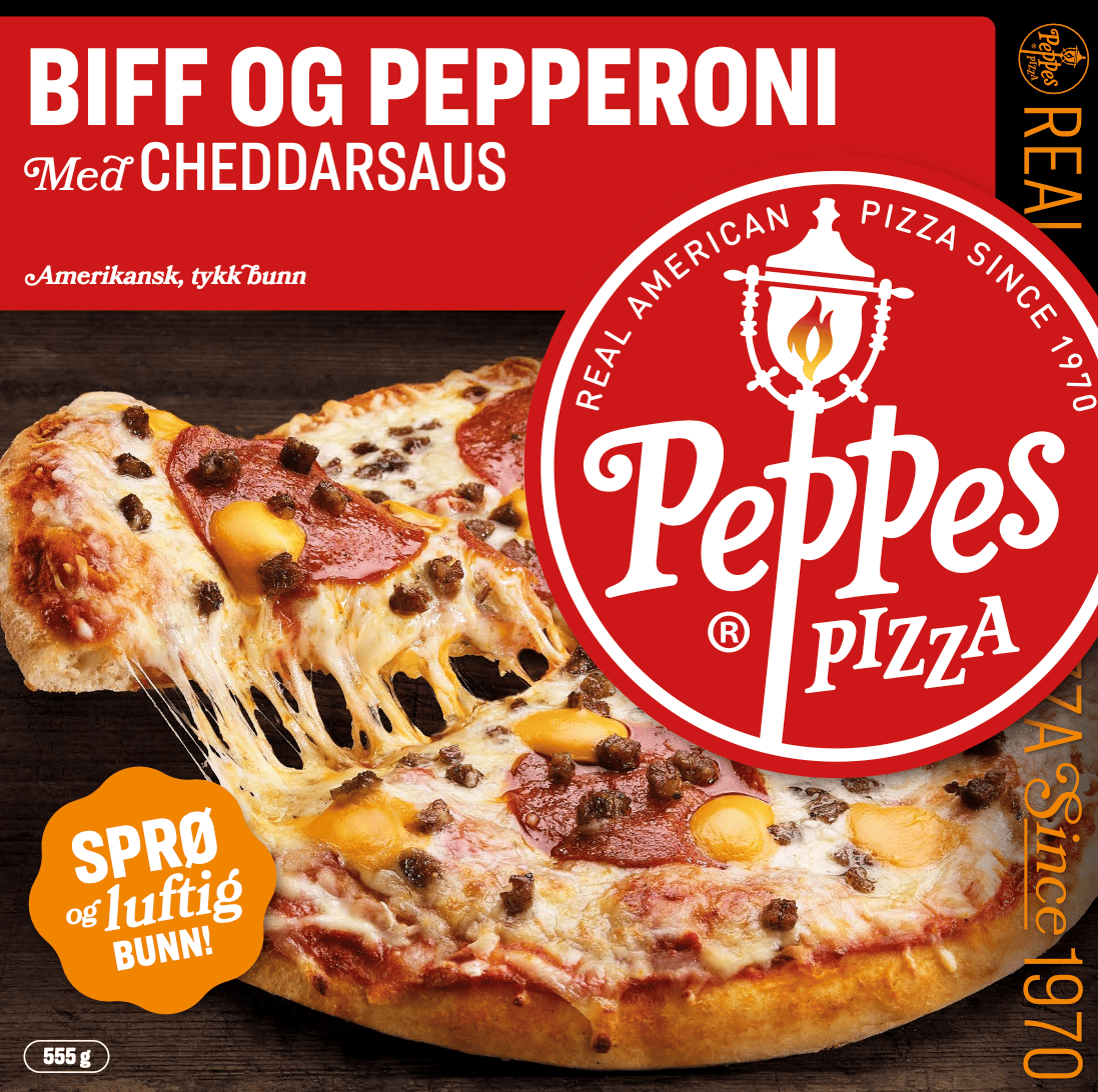 Peppes Pizza 'Biff og Pepperoni Med Cheddarsaus' box with a cheesy slice, 555g.