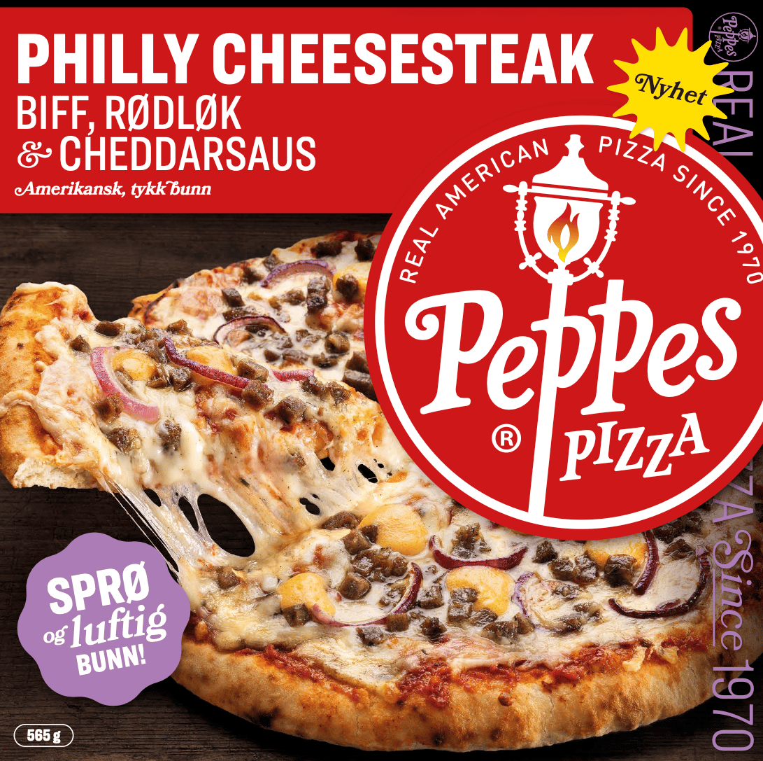 Peppes Pizza new Philly Cheesesteak pizza (beef, red onion, cheddar sauce), 565g.