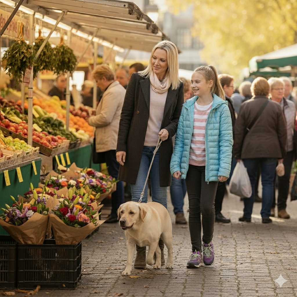 A woman, girl, and yellow lab walk through a bustling outdoor market with fruit and flowers.