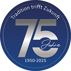 Blue circular logo with large silver '75', 'Jahre', 'Tradition trifft Zukunft', and '1950-2025'.