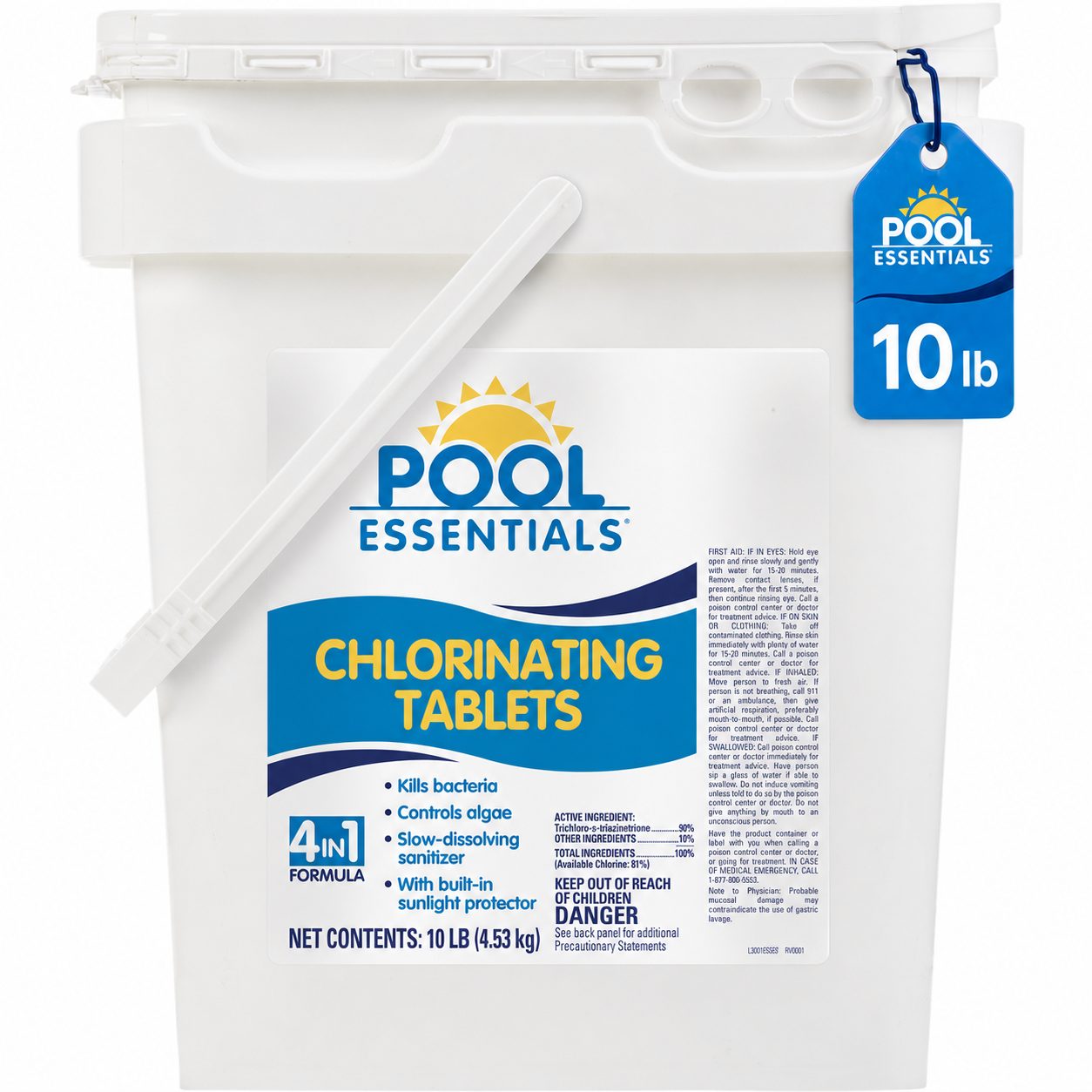 White bucket of Pool Essentials 10 lb chlorinating tablets, 4-in-1 formula for pools.
