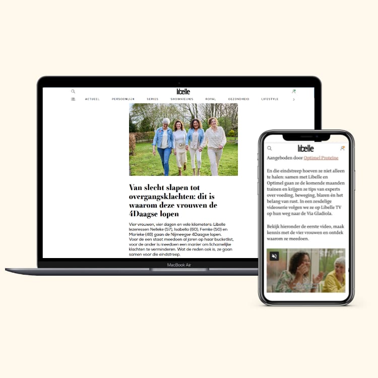 Laptop and phone display Libelle articles about women walking, sponsored by Optimel Proteine.