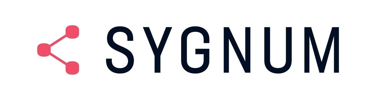 Sygnum logo with a pink connected node graphic and 'SYGNUM' text in dark blue.