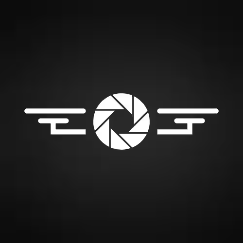 White camera aperture logo with stylized wings on a black background.
