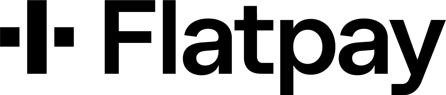 Flatpay logo: stylized black icon of a vertical bar flanked by two horizontal dashes, next to 'Flatpay'.