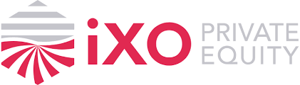iXO Private Equity logo: Red 'iXO' text, grey 'Private Equity' text, and a red/grey striped hexagonal symbol.