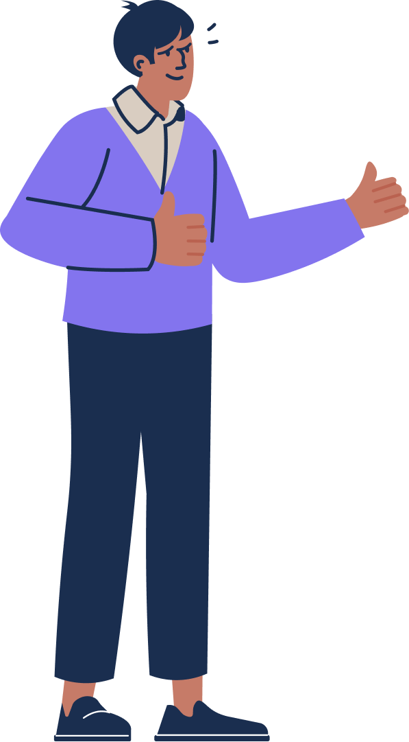 Smiling man in purple cardigan giving thumbs up and gesturing.