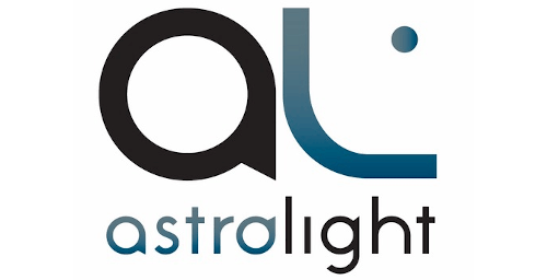 Astrolight logo: large black 'a' and shiny blue 'L' above blue 'astrolight' text.