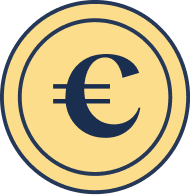 Yellow coin with blue Euro symbol.