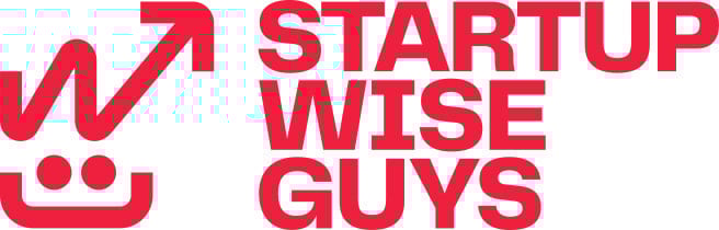 Red logo for Startup Wise Guys featuring a growth arrow and a stylized smiling face.