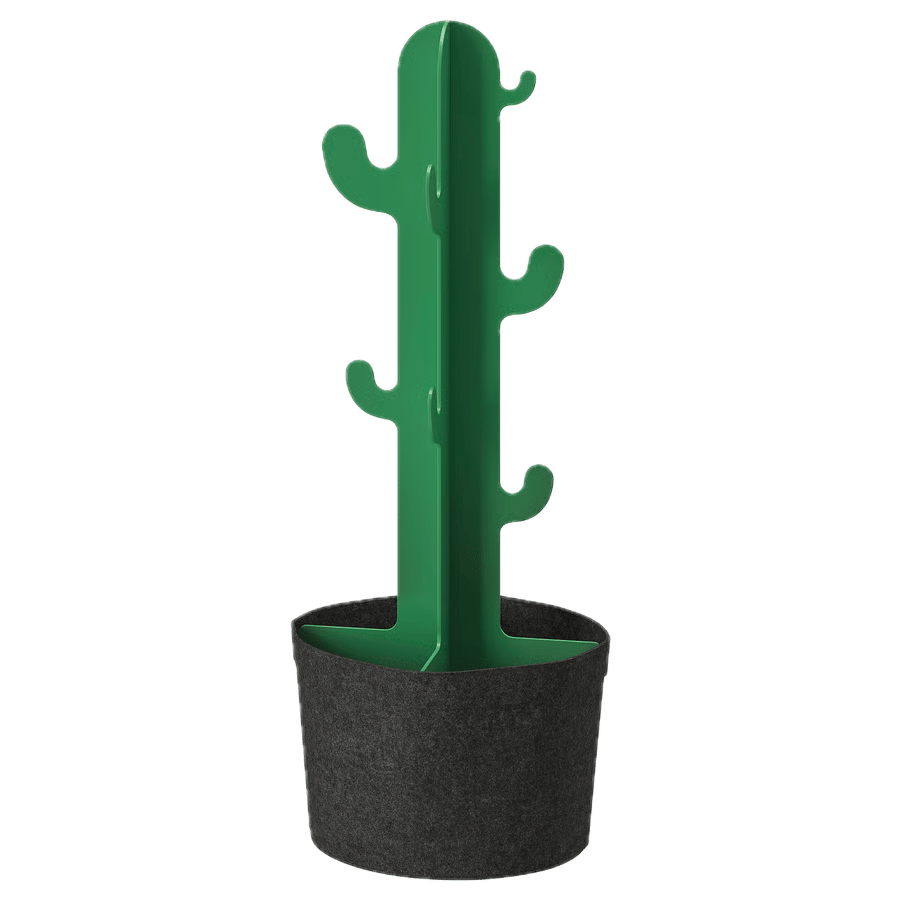 A green cactus-shaped coat rack stands in a dark gray pot.