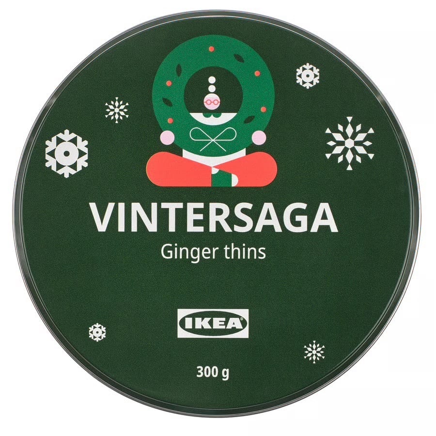 Green IKEA VINTERSAGA Ginger thins tin (300g) with a festive wreath and snowflake design.