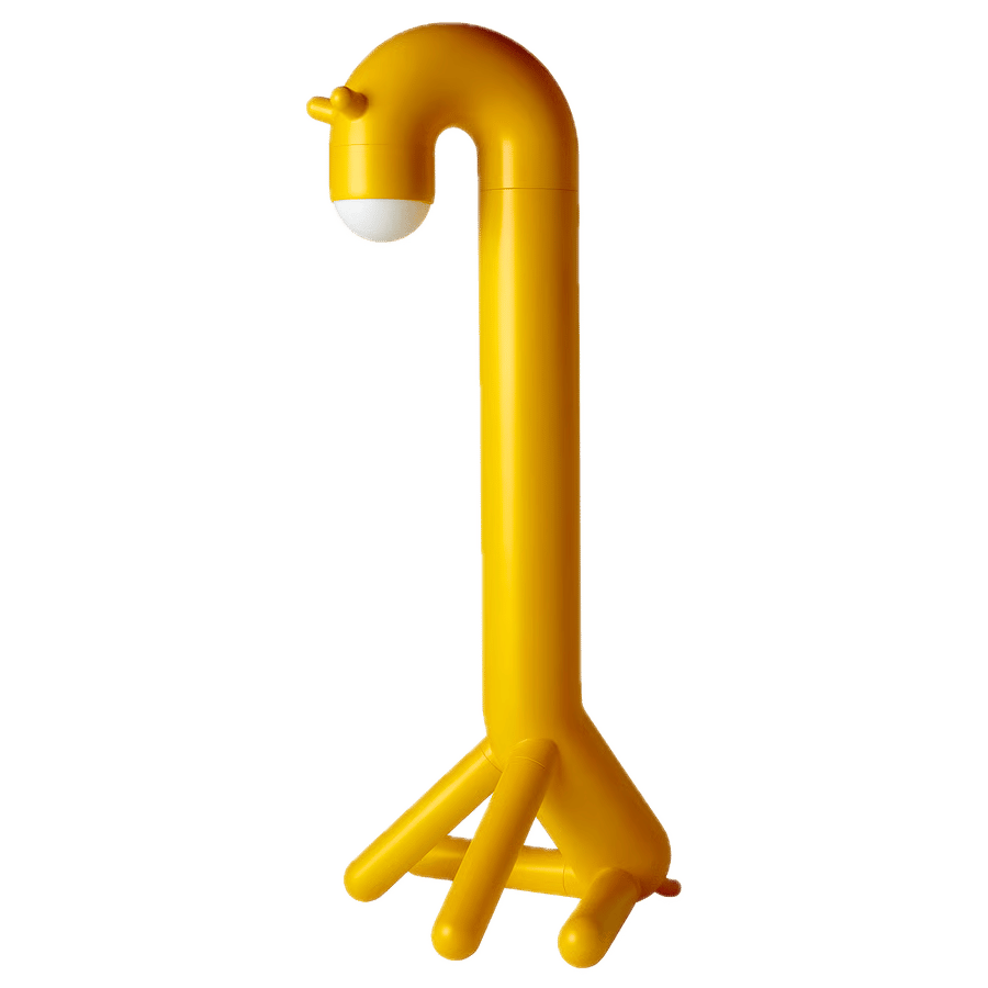 Yellow giraffe-like floor lamp with a curved neck, white light, and small legs.