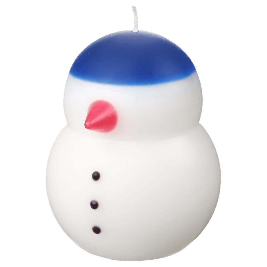 A snowman-shaped candle with a blue hat, red nose, and three black buttons.