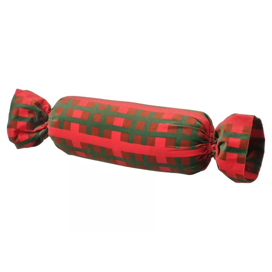 Red and green plaid candy-shaped bolster pillow.