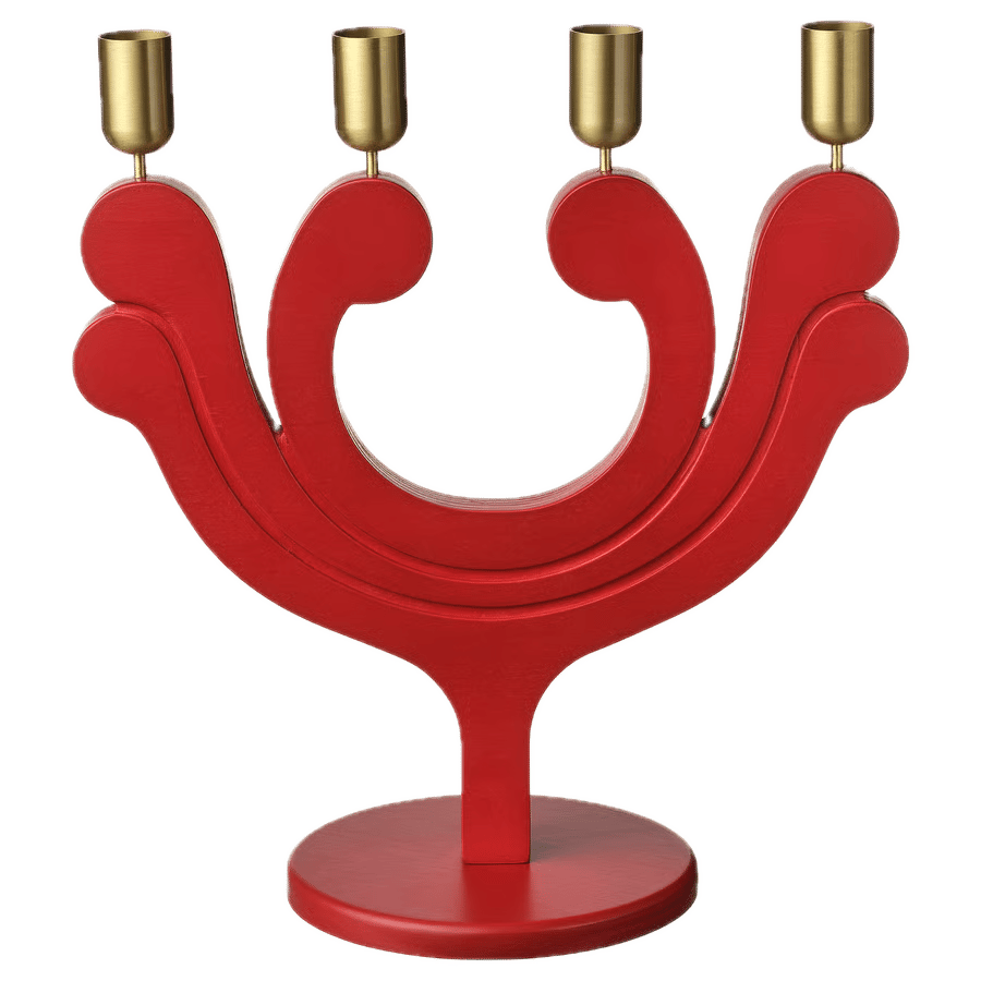 Red swirly candelabra with four brass candle holders.