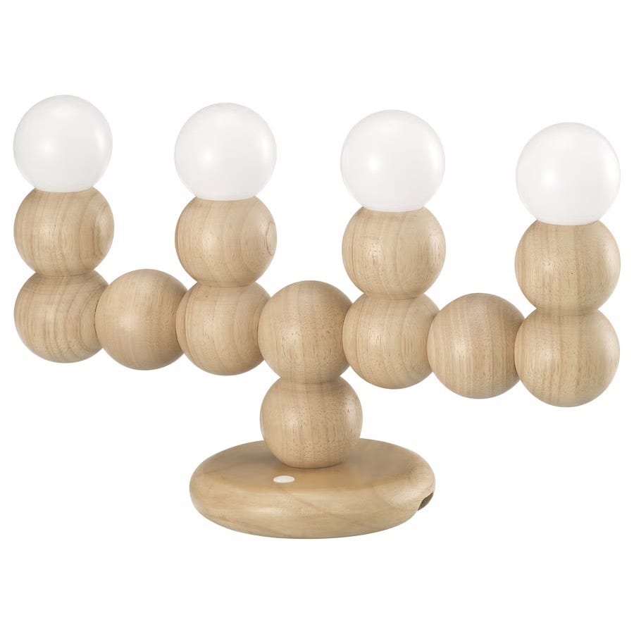 Light wood lamp with stacked spheres and four white globe lights.