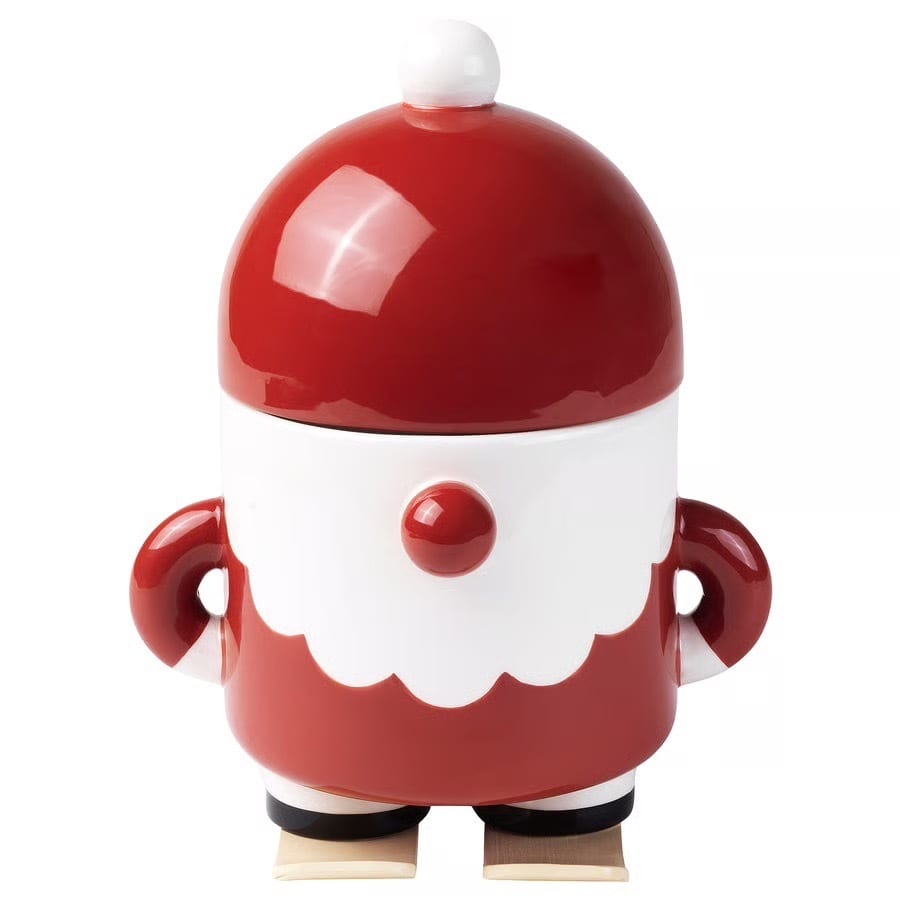 Red and white ceramic Santa Claus container with a dome lid, white beard detail, and side handles.