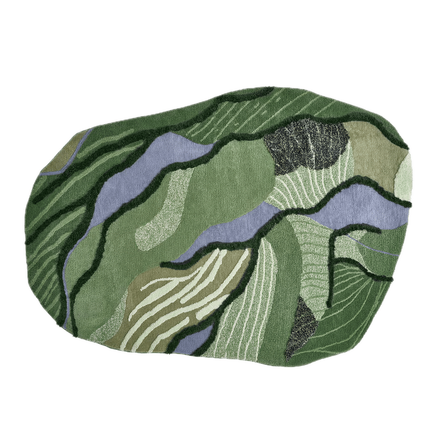 Abstract organic landscape pattern in greens and purples.