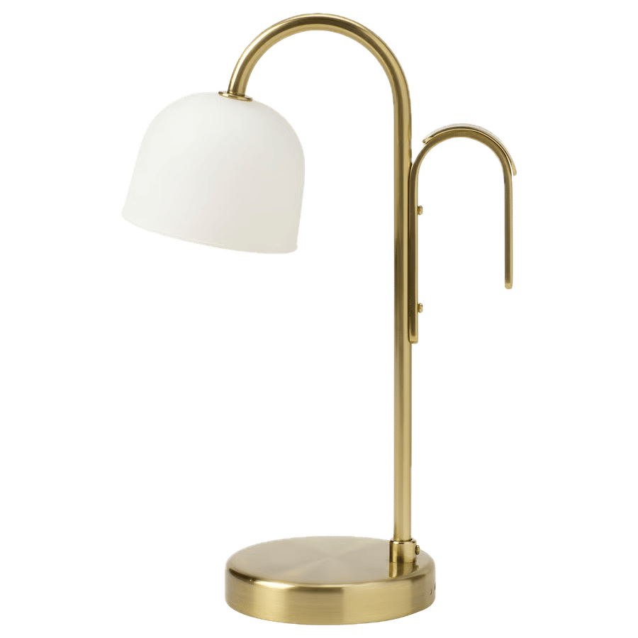 Brass table lamp with white dome shade, two curved arms, and a round base.