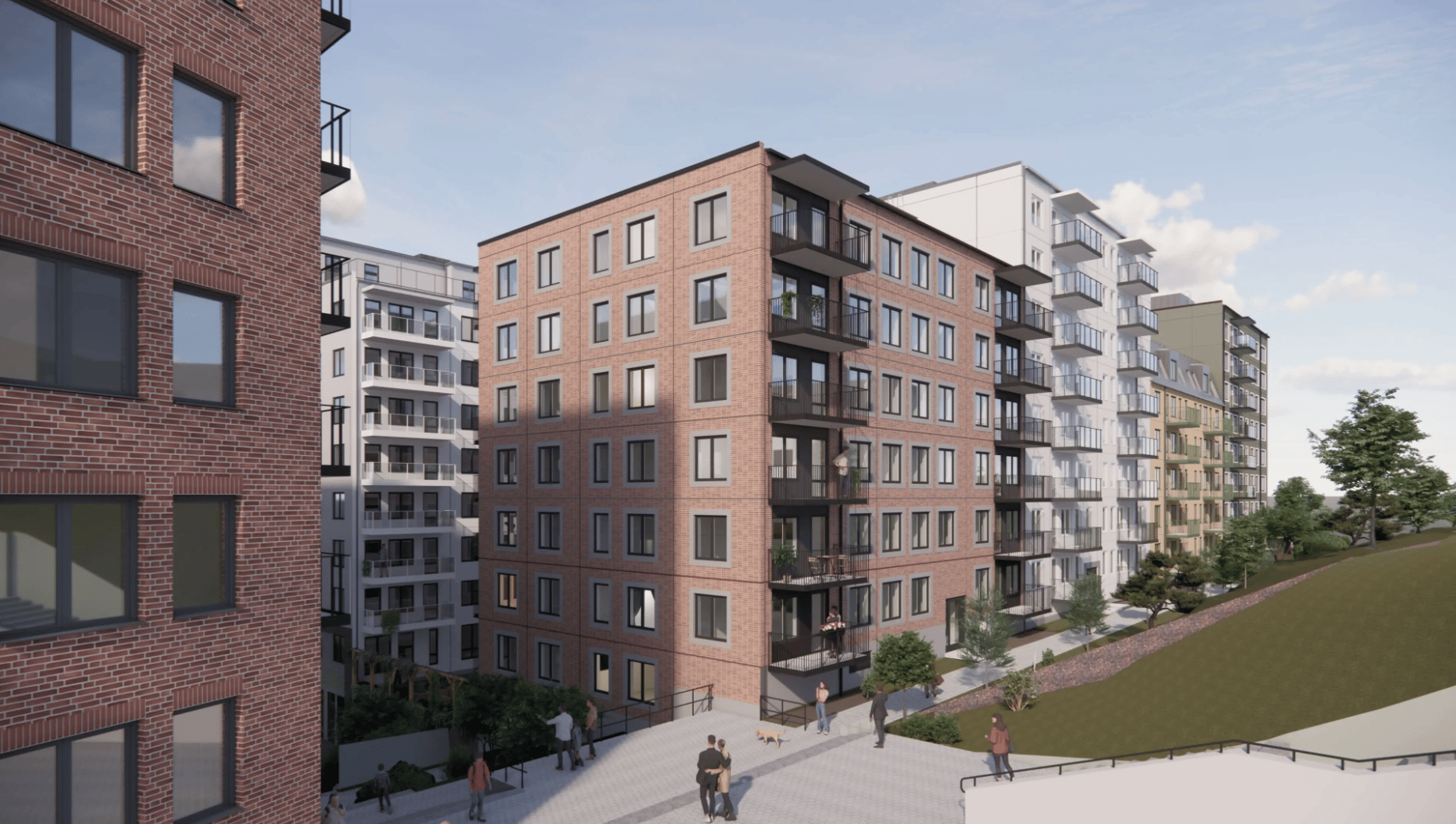Modern apartment complex: brick buildings with balconies, people, and a green hillside.